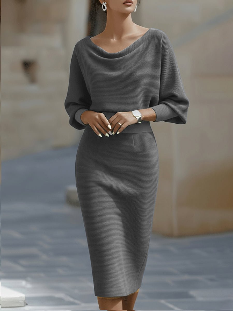 Elegant white midi dress featuring a stylish cowl neckline and flowing batwing sleeves, perfect for any formal occasion or evening event. 8