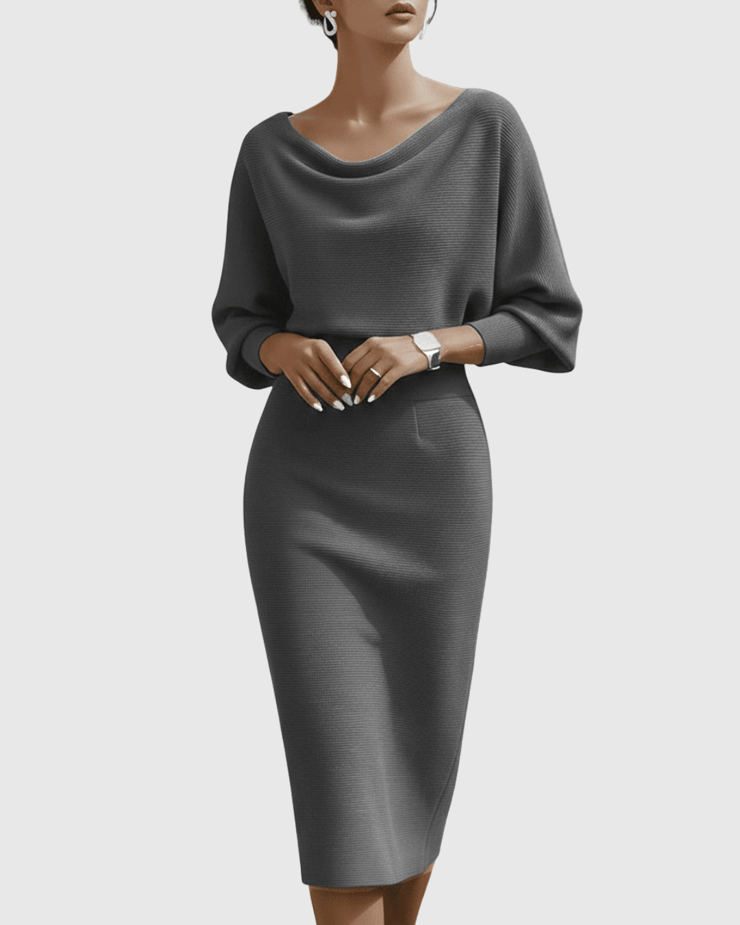 White midi dress featuring draped batwing sleeves and a feminine fit, crafted from elegant soft fabric, perfect for wedding guests or formal events. 4