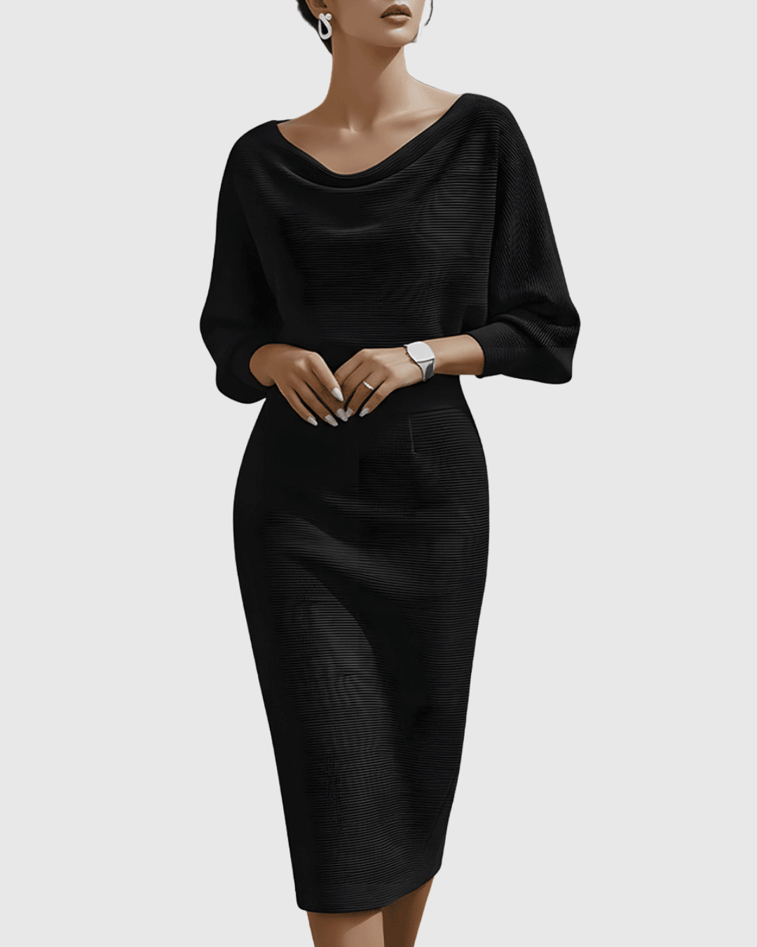 White midi dress featuring draped batwing sleeves and a feminine fit, crafted from elegant soft fabric, perfect for wedding guests or formal events. 0