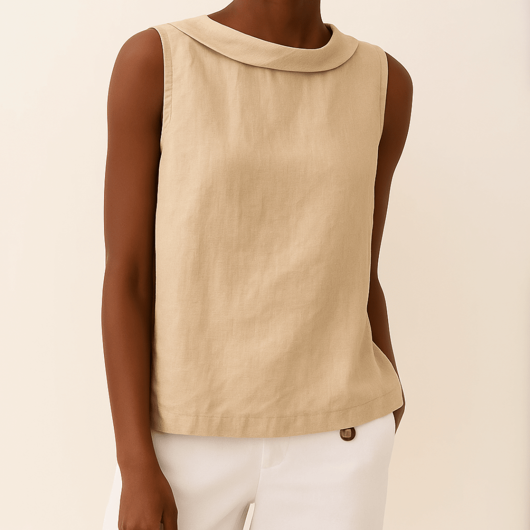 White sleeveless top with a rolled collar, perfect for summer, showcasing a chic and elegant design for women's fashion. 2