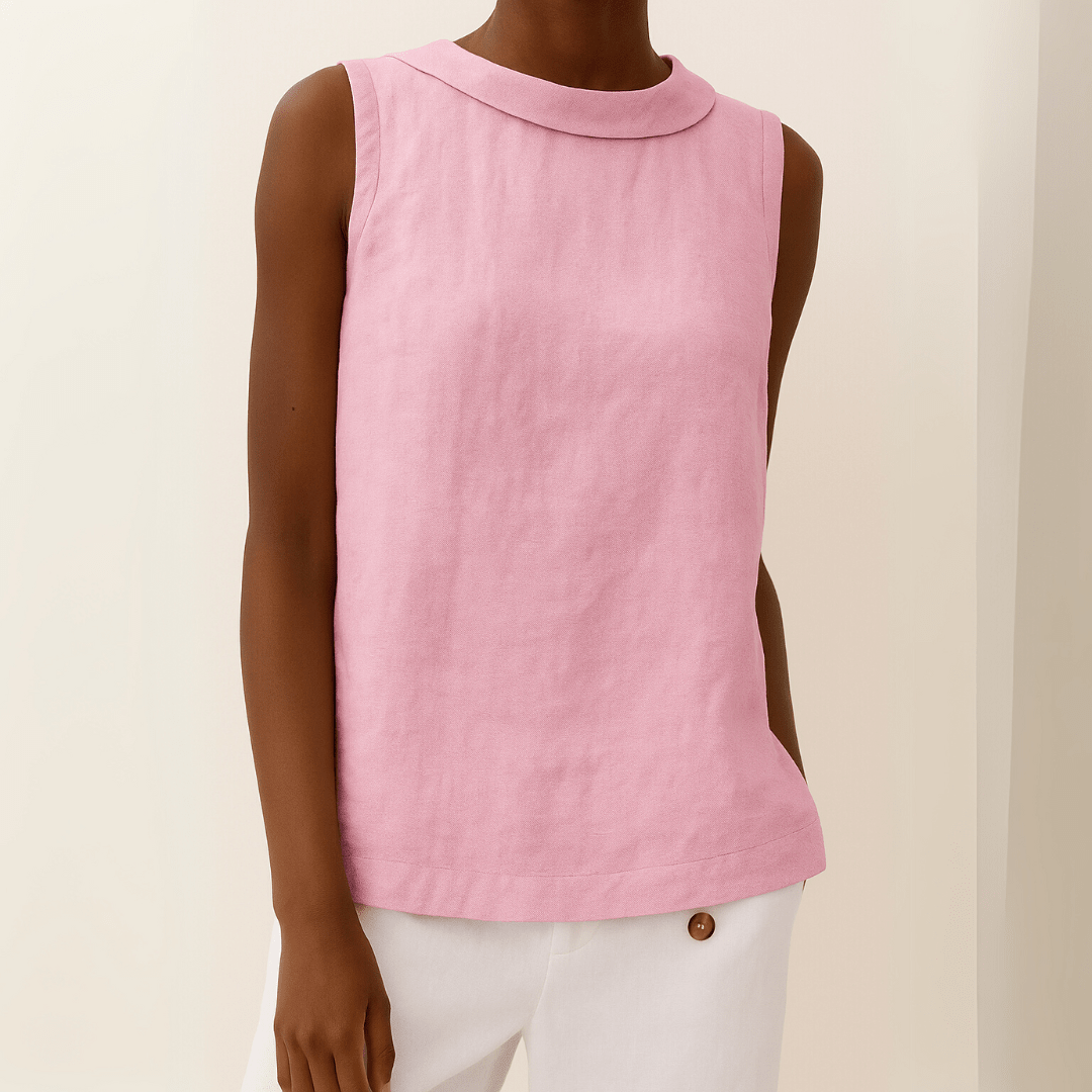 White sleeveless top with a rolled collar, perfect for summer, showcasing a chic and elegant design for women's fashion. 6