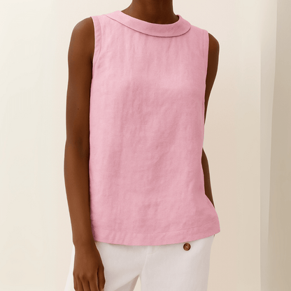 White sleeveless top with a rolled collar, perfect for summer, showcasing a chic and elegant design for women's fashion. 6