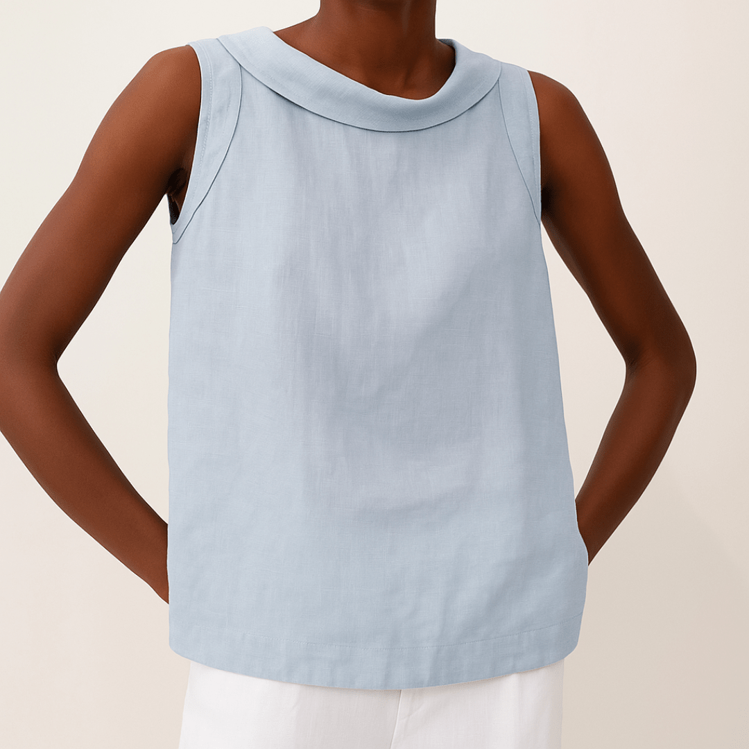 White sleeveless top with a rolled collar, perfect for summer, showcasing a chic and elegant design for women's fashion. 4