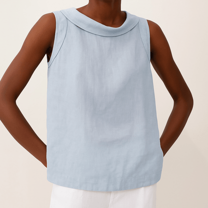 White sleeveless top with a rolled collar, perfect for summer, showcasing a chic and elegant design for women's fashion. 4