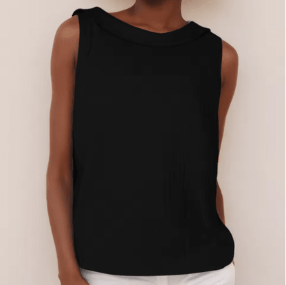 White sleeveless top with a rolled collar, perfect for summer, showcasing a chic and elegant design for women's fashion. 7