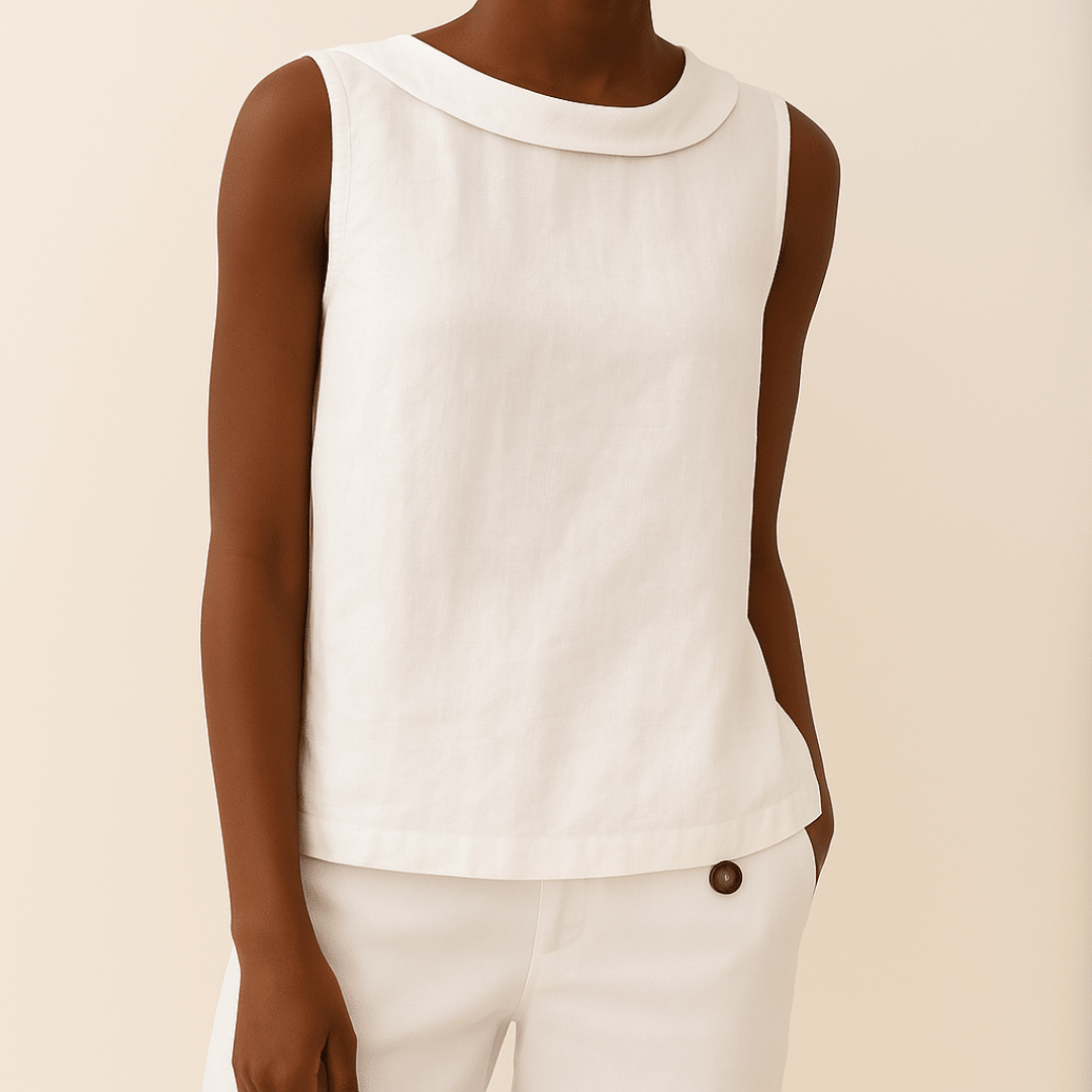 White sleeveless top with a rolled collar, perfect for summer, showcasing a chic and elegant design for women's fashion. 5
