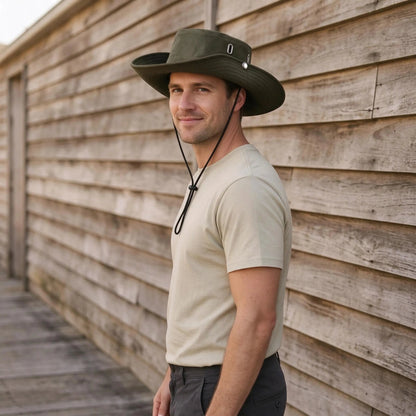 Wide brim bucket hat with adjustable chin strap for casual outdoor sun protection, made of polyester with a ventilated design. 2