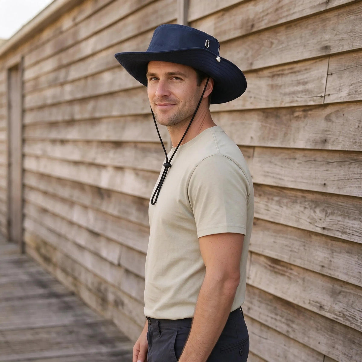 Wide brim bucket hat with adjustable chin strap for casual outdoor sun protection, made of polyester with a ventilated design. 3