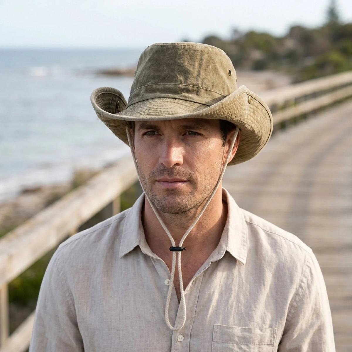 Wide brim outdoor hat in khaki washed cotton with adjustable strap, perfect for sun protection and outdoor activities. 1