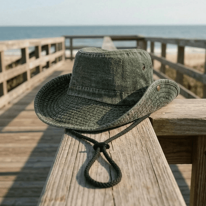 Wide brim outdoor hat in khaki washed cotton with adjustable strap, perfect for sun protection and outdoor activities. 10
