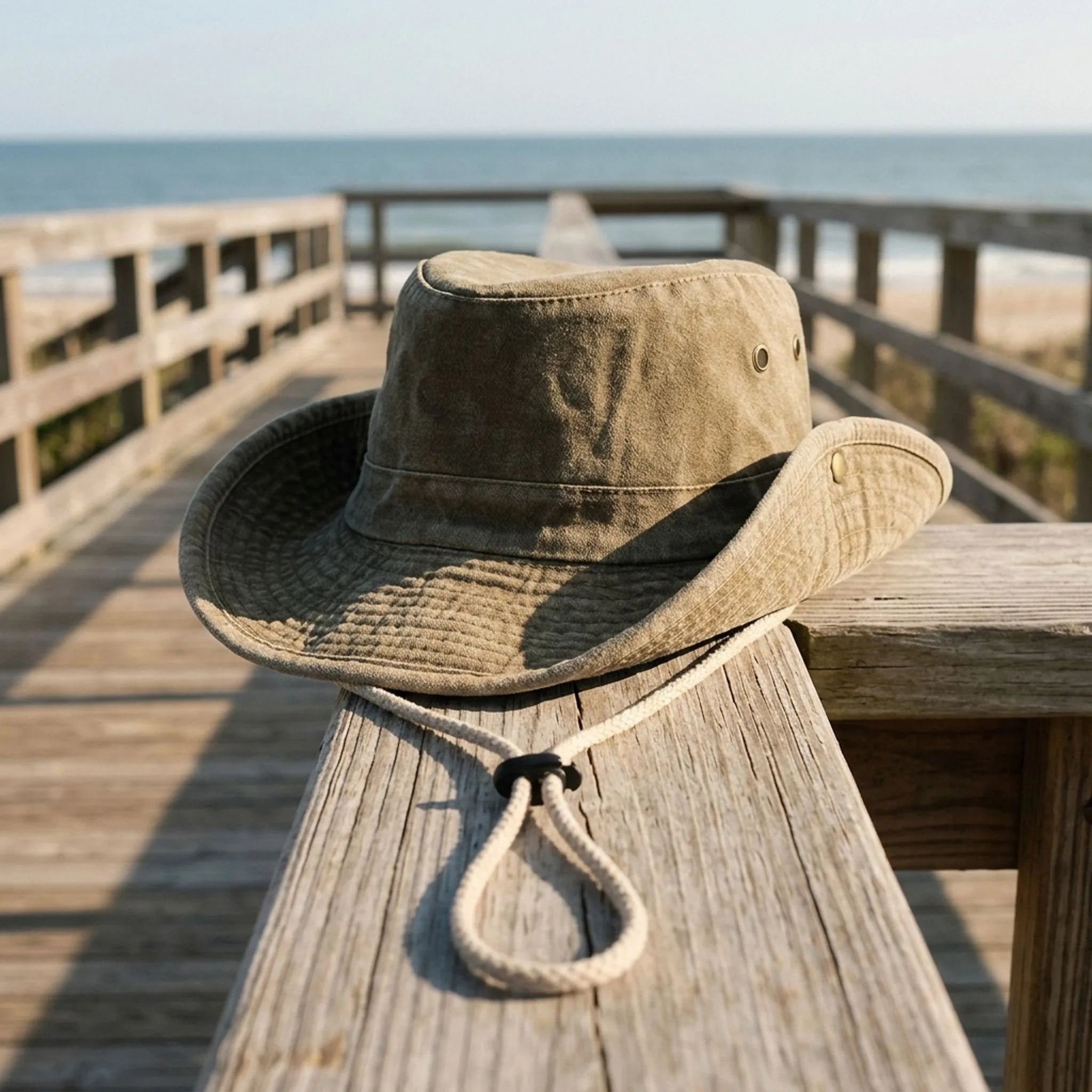 Wide brim outdoor hat in khaki washed cotton with adjustable strap, perfect for sun protection and outdoor activities. 0
