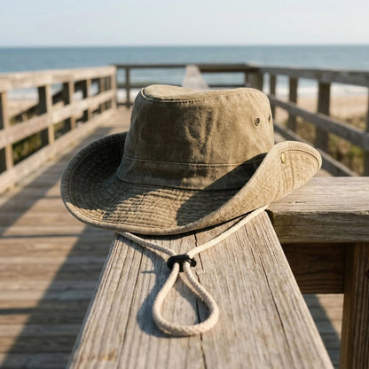 Wide brim outdoor hat in khaki washed cotton with adjustable strap, perfect for sun protection and outdoor activities. 0