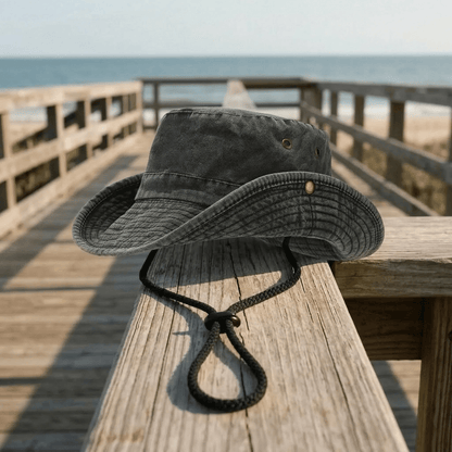 Wide brim outdoor hat in khaki washed cotton with adjustable strap, perfect for sun protection and outdoor activities. 11