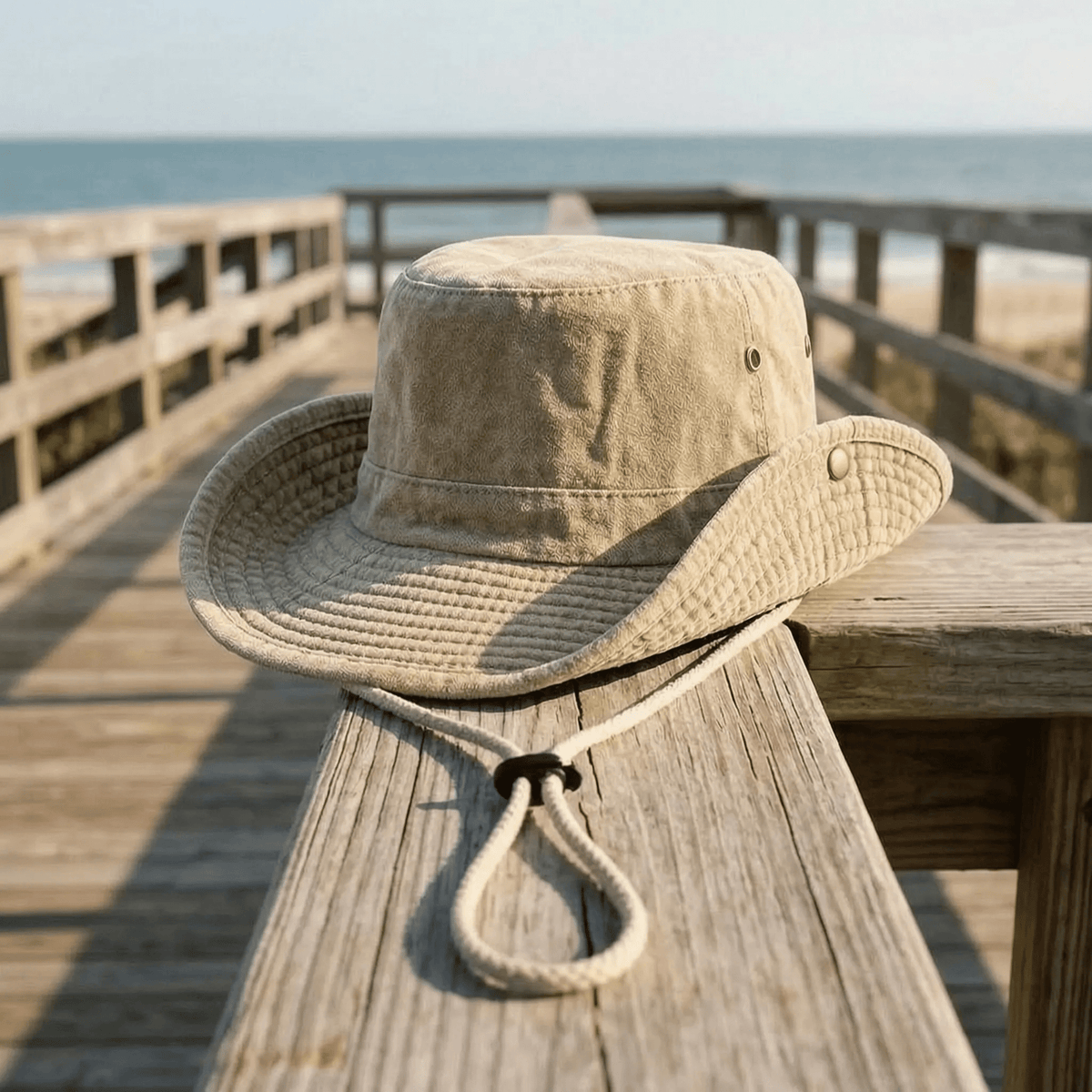 Wide brim outdoor hat in khaki washed cotton with adjustable strap, perfect for sun protection and outdoor activities. 9