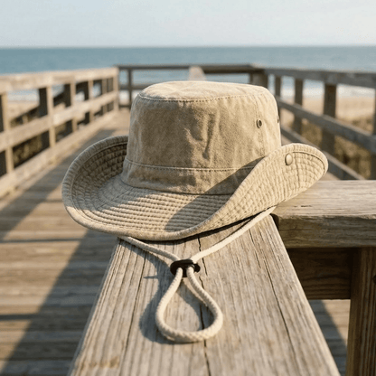 Wide brim outdoor hat in khaki washed cotton with adjustable strap, perfect for sun protection and outdoor activities. 9