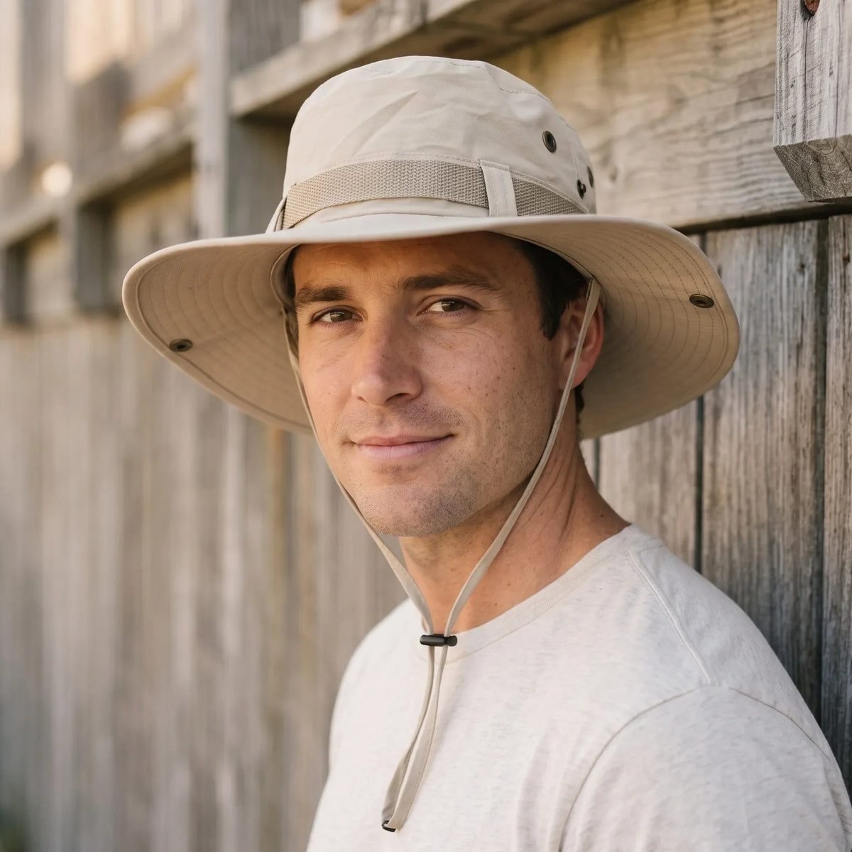 Wide brim sun hat for women featuring an adjustable chin strap and ventilated polyester design, perfect for beach outings and sun protection. 0