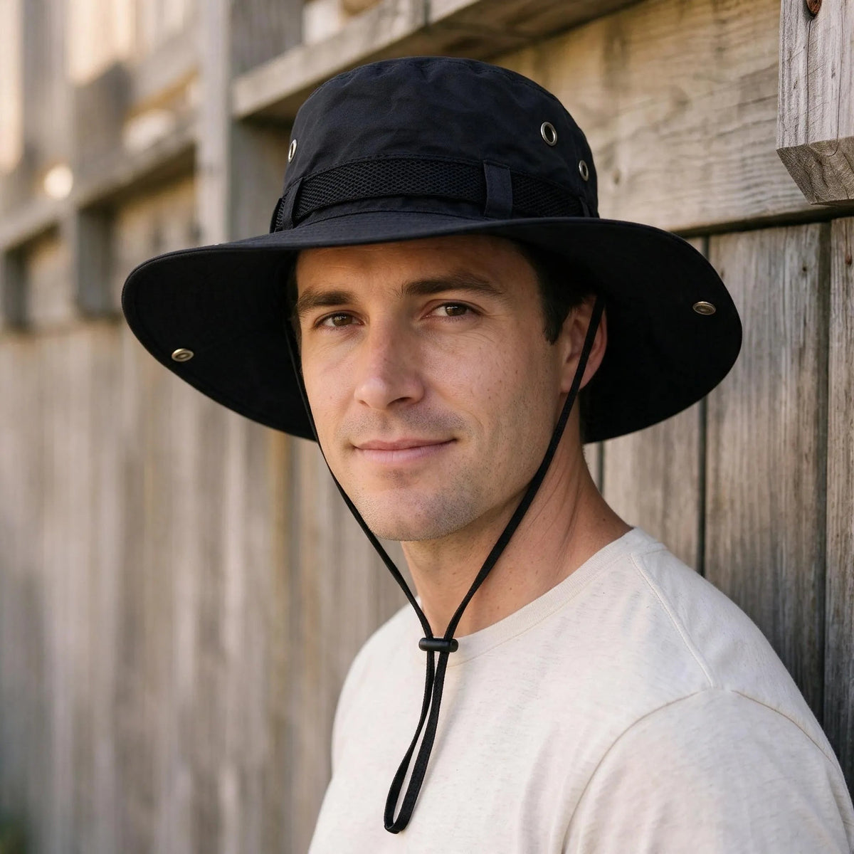 Wide brim sun hat for women featuring an adjustable chin strap and ventilated polyester design, perfect for beach outings and sun protection. 3