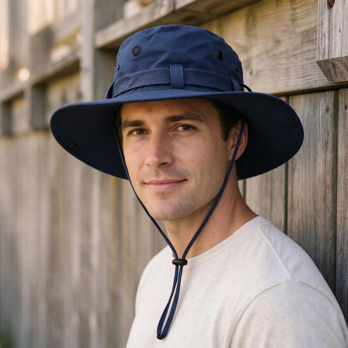 Wide brim sun hat for women featuring an adjustable chin strap and ventilated polyester design, perfect for beach outings and sun protection. 4