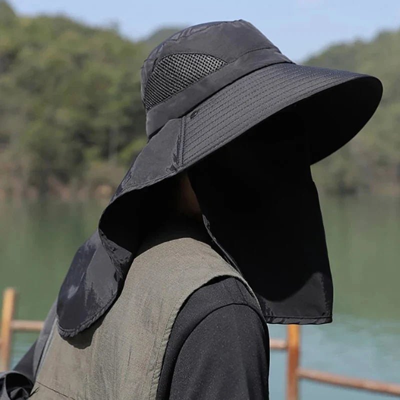 Wide brim sun hat for women featuring a detachable neck flap, made from breathable lightweight polyester, perfect for beach outings and sun protection. 3