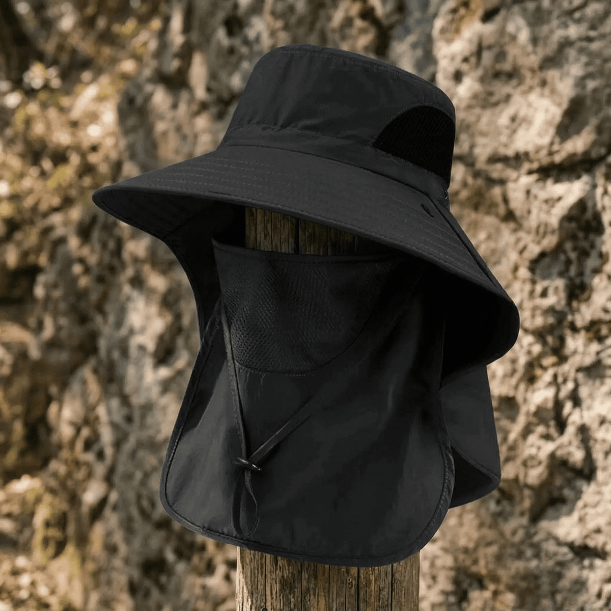 Wide brim sun hat with neck and face cover, made of lightweight polyester, perfect for outdoor sports and summer activities, providing sun protection and comfort. 12