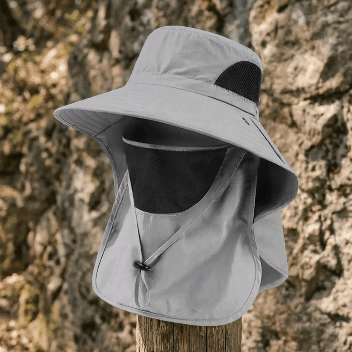 Wide brim sun hat with neck and face covers, made of lightweight polyester, providing outdoor sun protection for women. 12