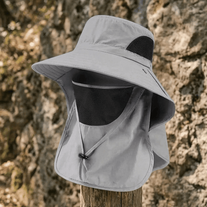 Wide brim sun hat with neck and face covers, made of lightweight polyester, providing outdoor sun protection for women. 12