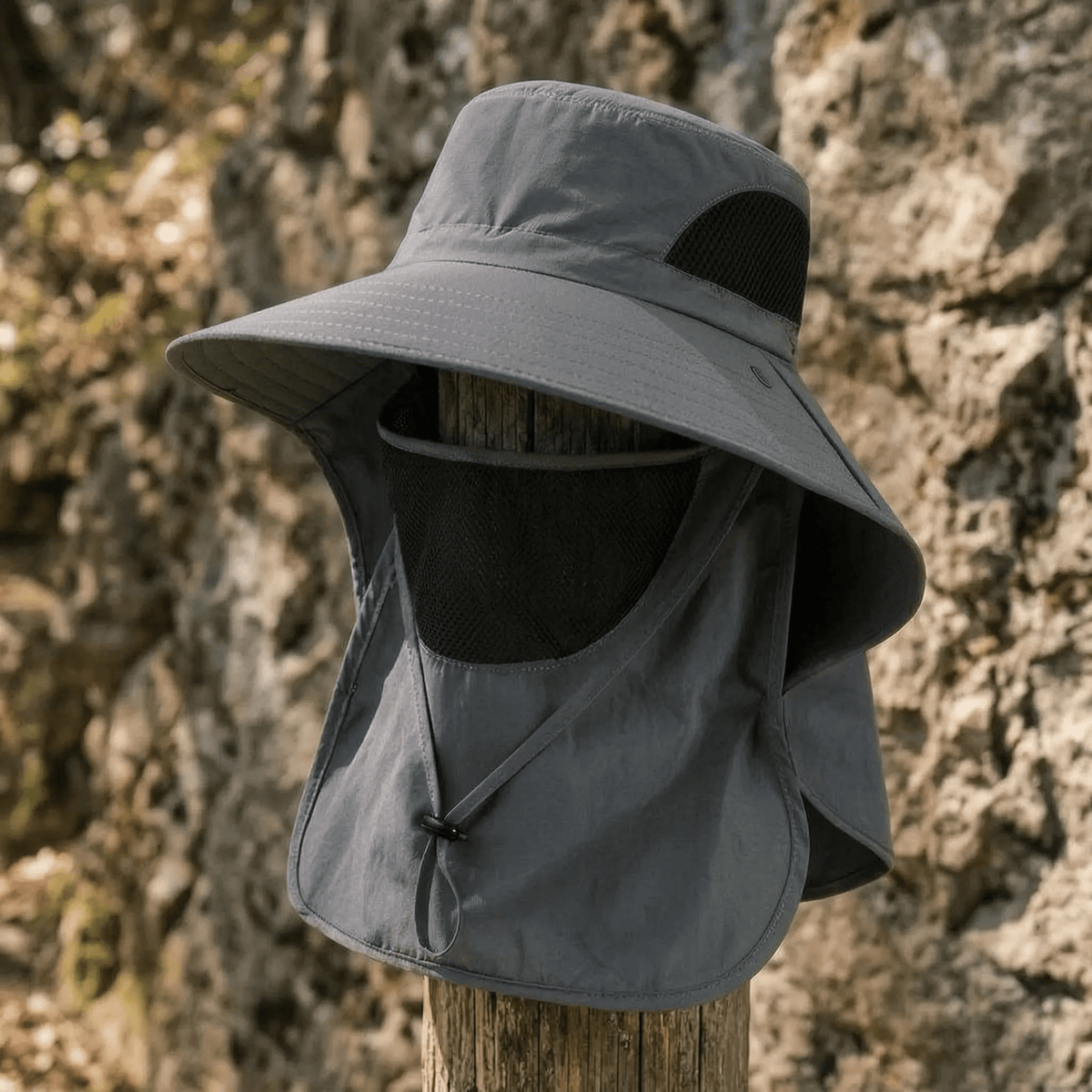 Wide brim sun hat with neck and face covers, made of lightweight polyester, providing outdoor sun protection for women. 11
