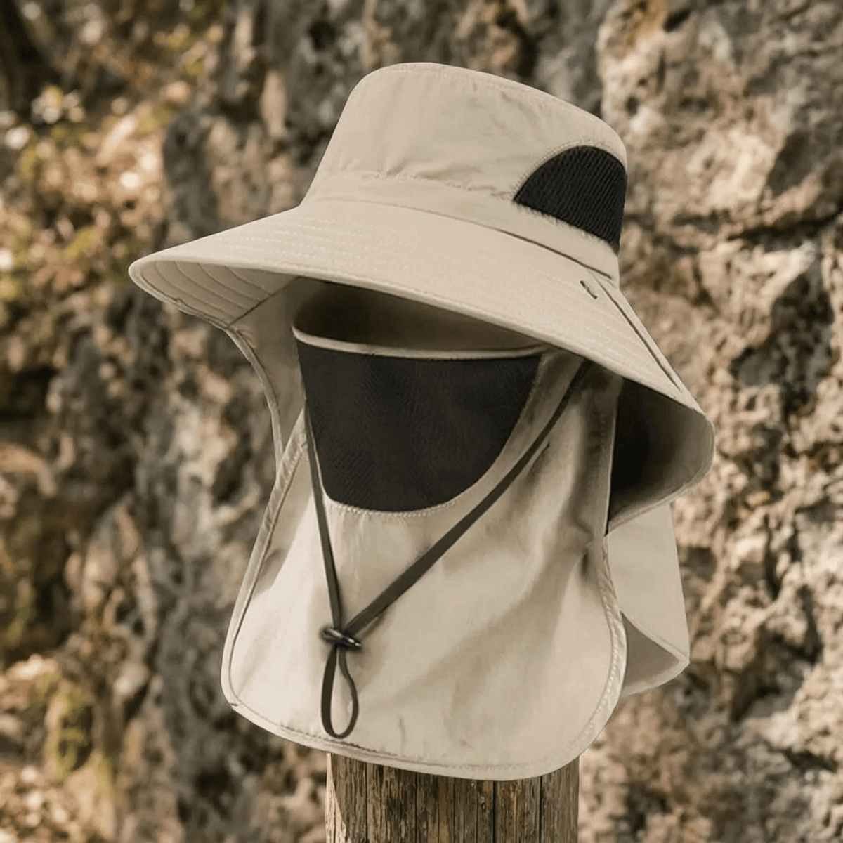 Wide brim sun hat with neck and face covers, made of lightweight polyester, providing outdoor sun protection for women. 10