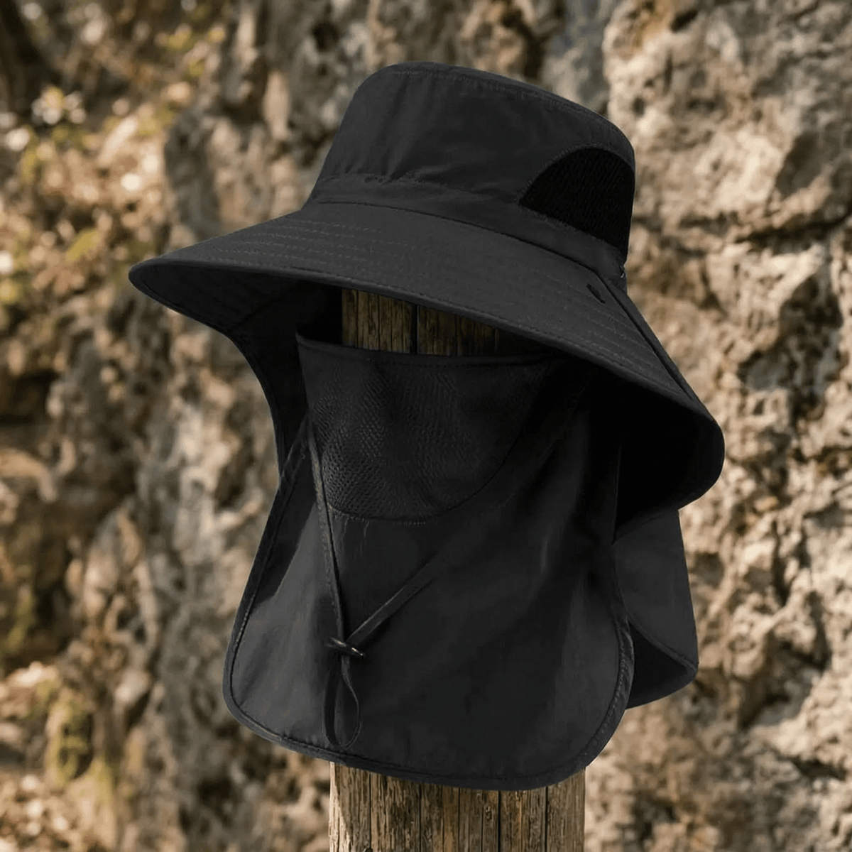 Wide brim sun hat with neck and face covers, made of lightweight polyester, providing outdoor sun protection for women. 9