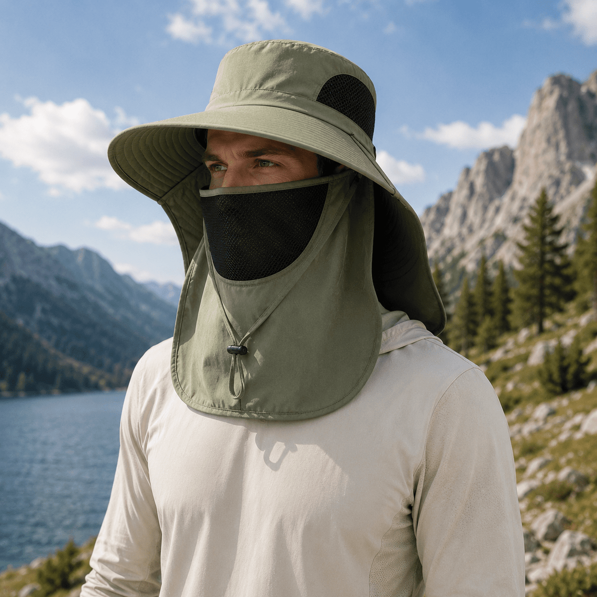 Wide brim sun hat with neck and face covers, made of lightweight polyester, providing outdoor sun protection for women. 1