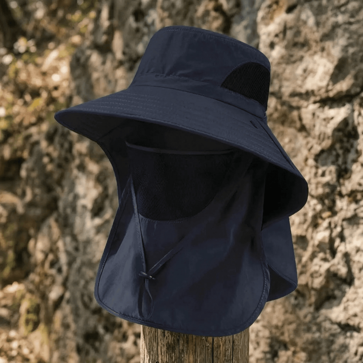 Wide brim sun hat with neck and face covers, made of lightweight polyester, providing outdoor sun protection for women. 8