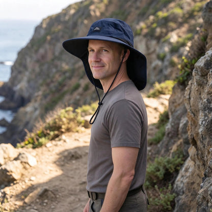 Wide brim sun hat with neck flap and ventilation, designed for outdoor activities, featuring adjustable straps for a comfortable fit, perfect for beach outings and sun protection 2