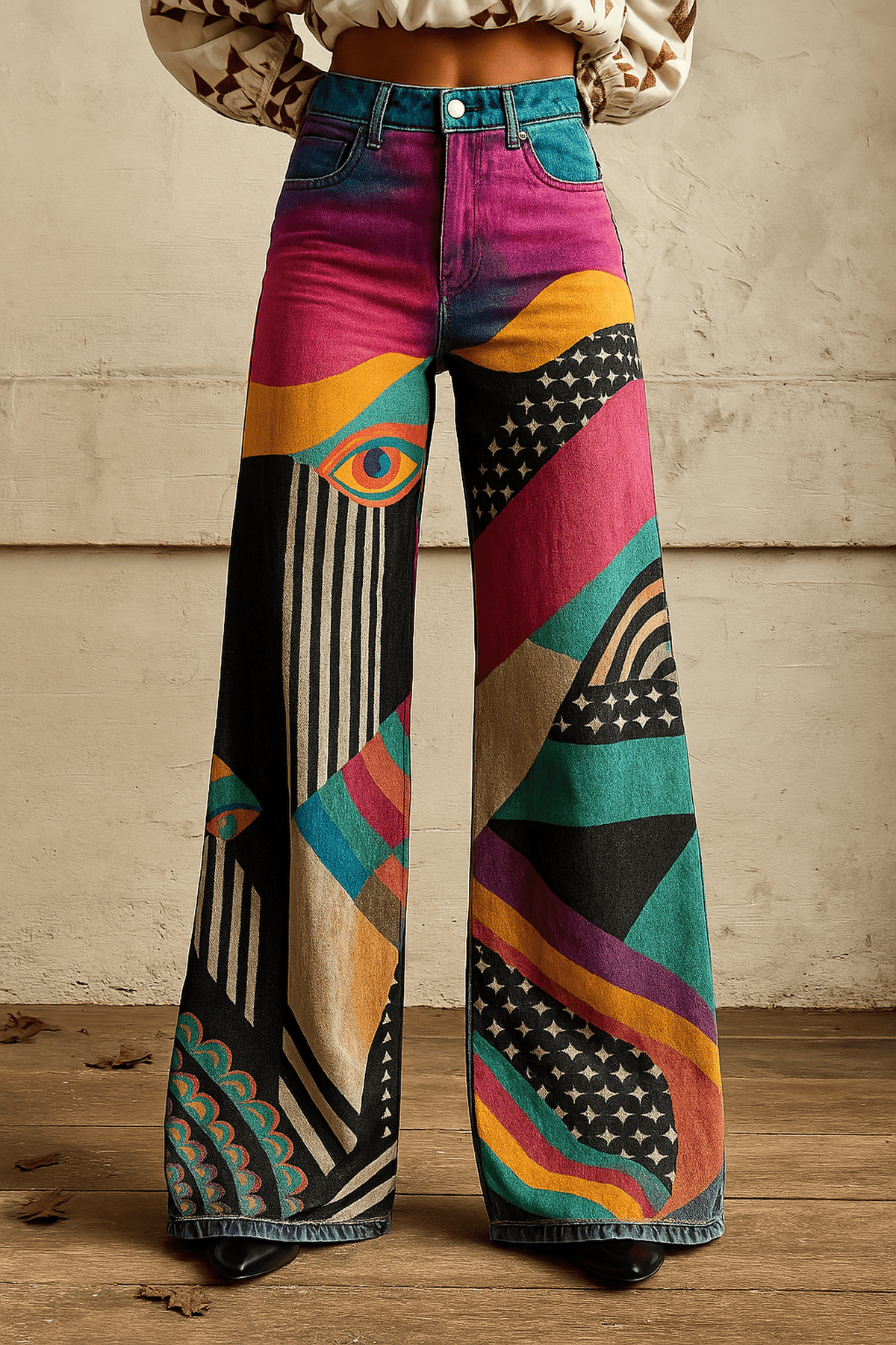 Wide leg pants for women featuring vibrant artistic prints, designed for a flowy and lightweight fit, perfect for comfort and stylish looks. 0