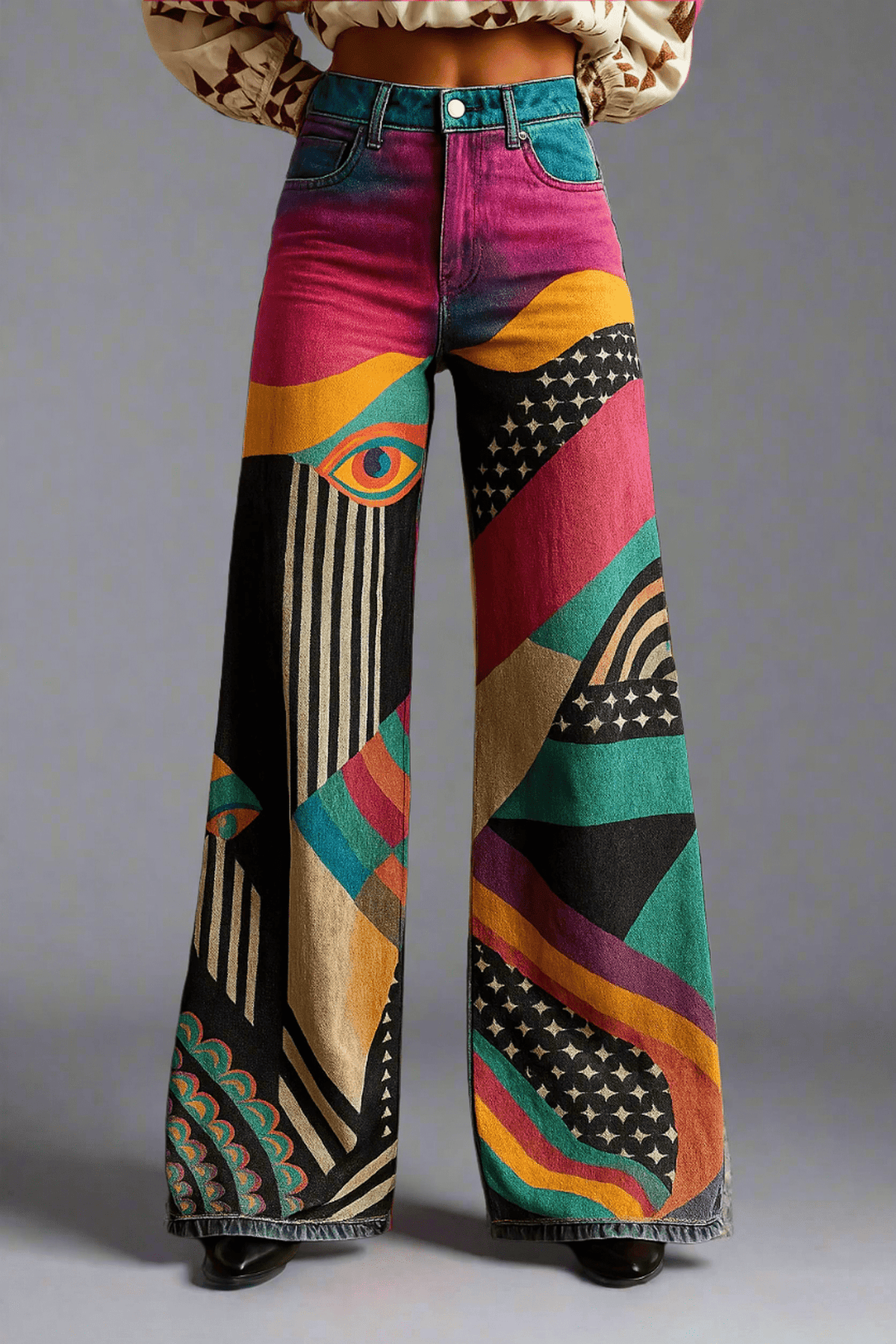 Wide leg pants for women featuring vibrant artistic prints, designed for a flowy and lightweight fit, perfect for comfort and stylish looks. 1