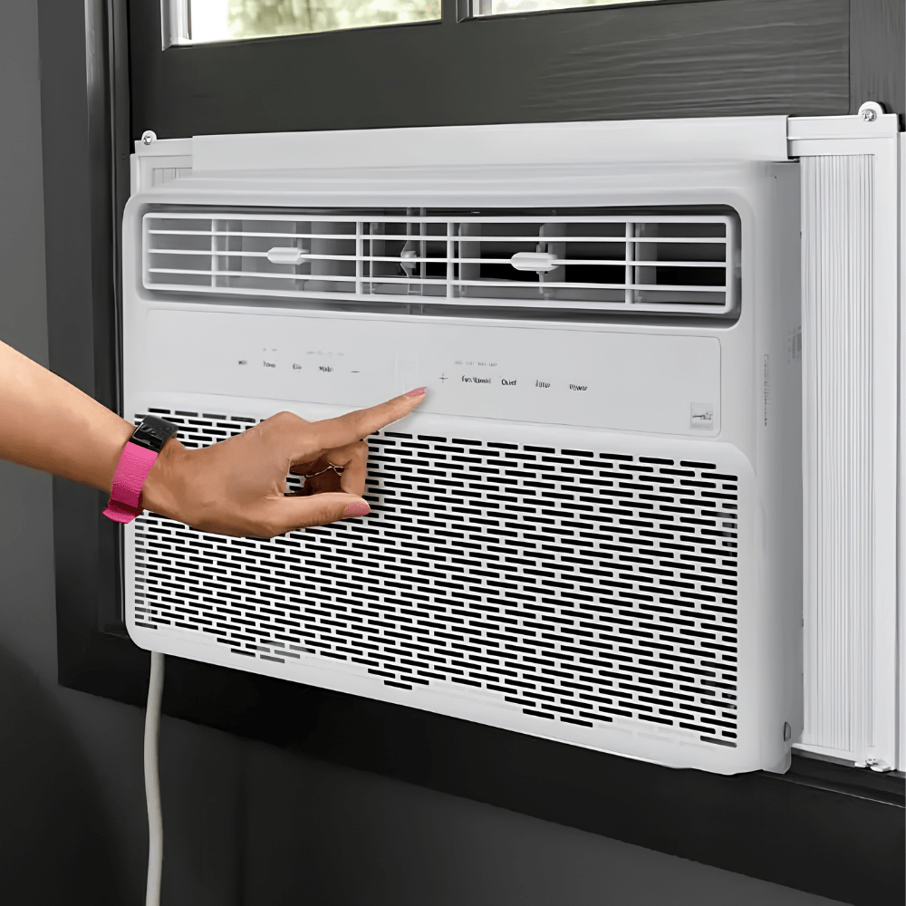 Window air conditioner 8000 BTU with remote control, designed for smart and quiet cooling in bedrooms and small spaces, featuring a sleek design and energy 0