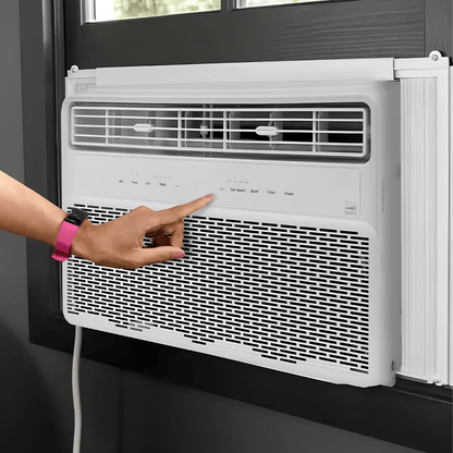 Window air conditioner 8000 BTU with remote control, designed for smart and quiet cooling in bedrooms and small spaces, featuring a sleek design and energy 0