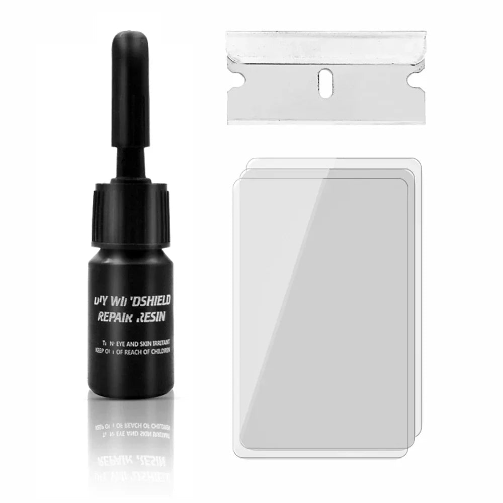 Windscreen repair kit featuring quick curing resin for fixing chips and cracks, designed for a transparent finish to restore clarity and strength. 1