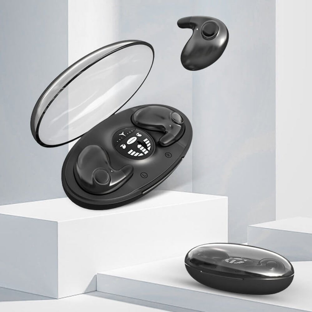 Wireless Bluetooth earbuds featuring noise cancelling technology and a waterproof design, showcased with a sleek LED display case for charging and storage. 6