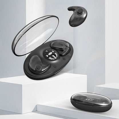 Wireless Bluetooth earbuds featuring noise cancelling technology and a waterproof design, showcased with a sleek LED display case for charging and storage. 6