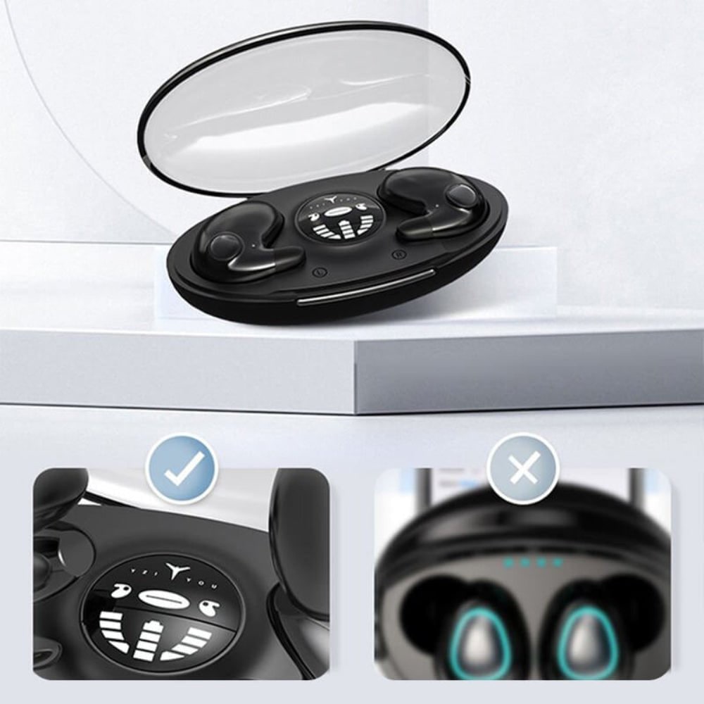 Wireless Bluetooth earbuds featuring noise cancelling technology and a waterproof design, showcased with a sleek LED display case for charging and storage. 8