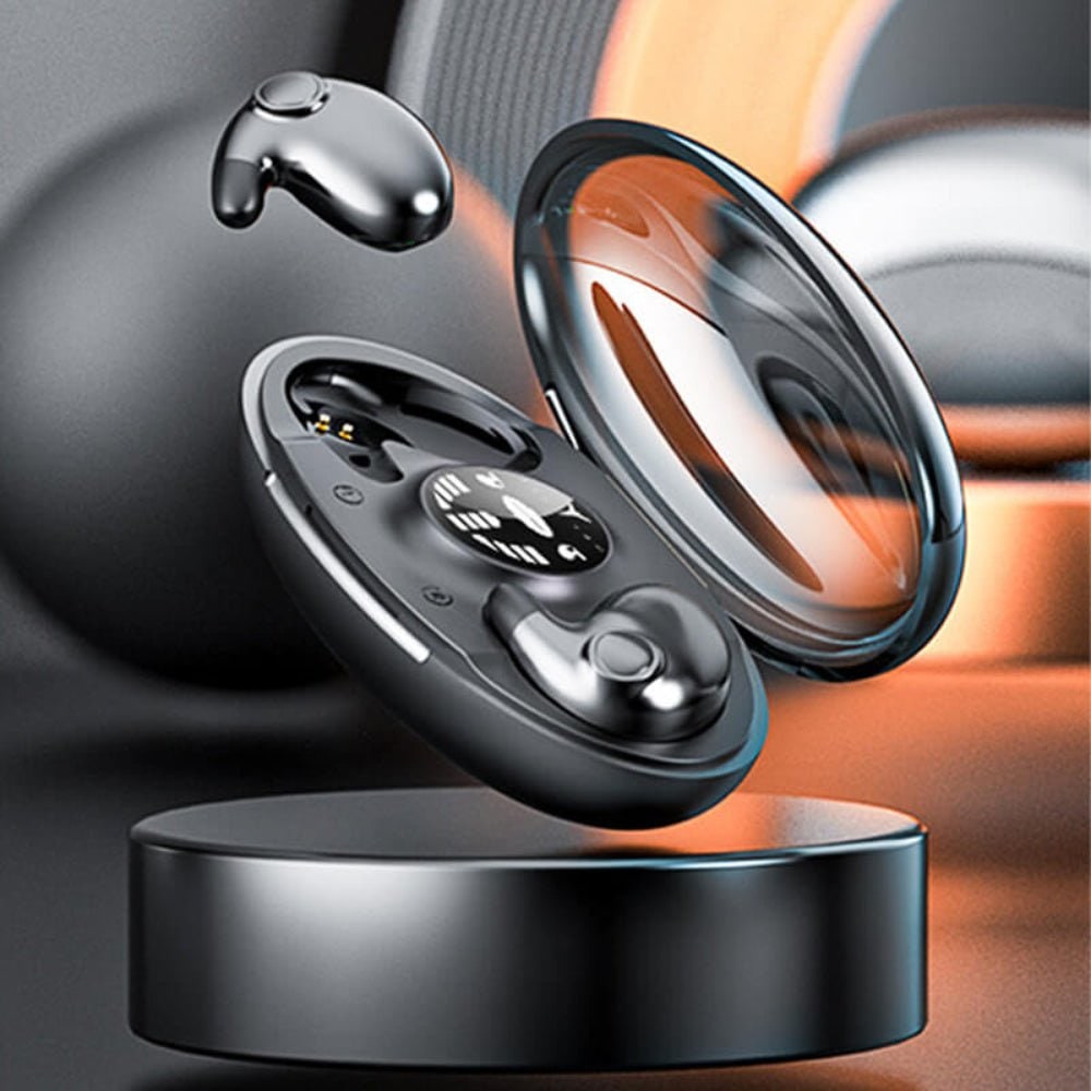 Wireless Bluetooth earbuds featuring noise cancelling technology and a waterproof design, showcased with a sleek LED display case for charging and storage. 4