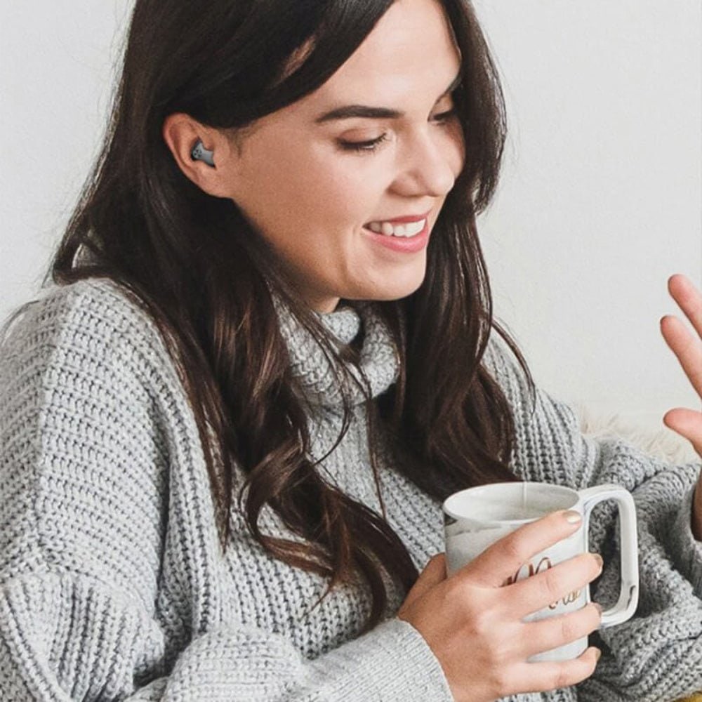 Wireless Bluetooth earbuds featuring noise cancelling technology and a waterproof design, showcased with a sleek LED display case for charging and storage. 7