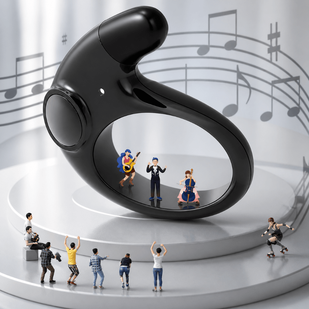 Wireless Bluetooth earbuds featuring noise cancelling technology and a waterproof design, showcased with a sleek LED display case for charging and storage. 5