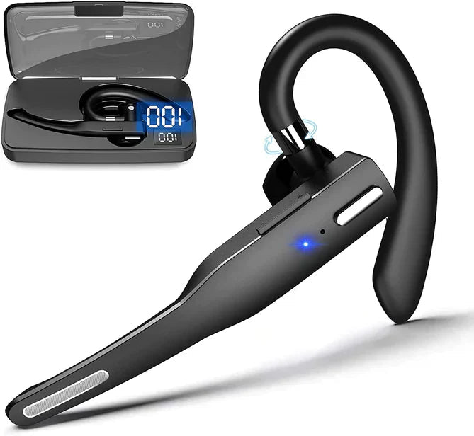 Wireless Bluetooth headset in black featuring dual microphones and long battery life, perfect for clear calls and audio enjoyment on the go. 1