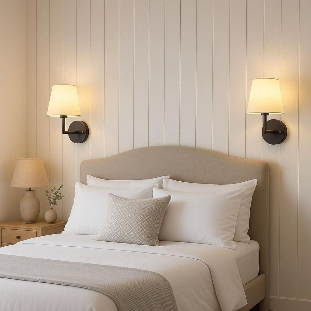 Wireless Dimmable Wall Sconce Lights with Fabric Shade – 3 Color Temperatures, Remote Control, 2-Pack for Bedrooms and Hallways 1