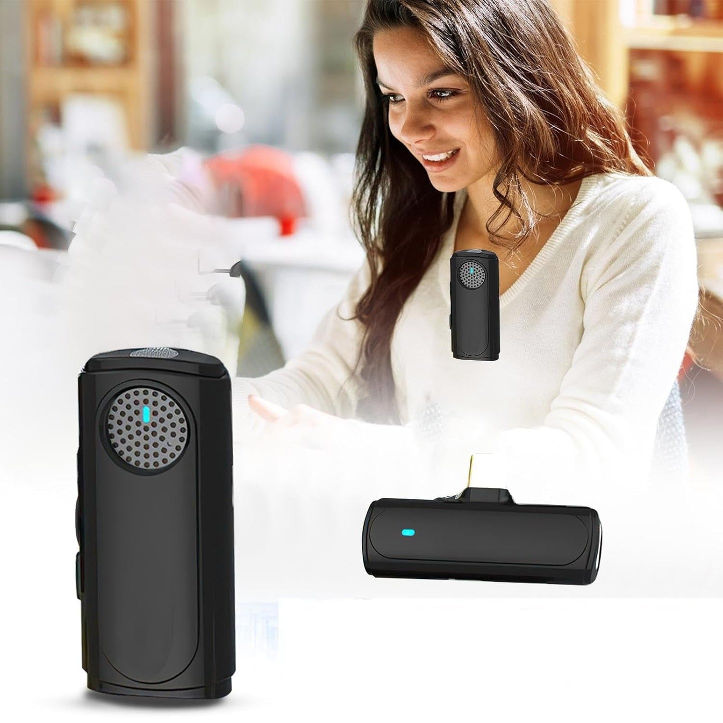Wireless lavalier microphone in sleek black design, featuring noise cancellation and a rechargeable battery, perfect for smartphones and cameras. 2