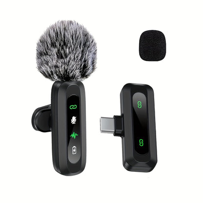 Wireless Lavalier Microphone with USB-C Connectivity for Podcasts and Vlogs – Compact Design with Built-in Wind Hood 0