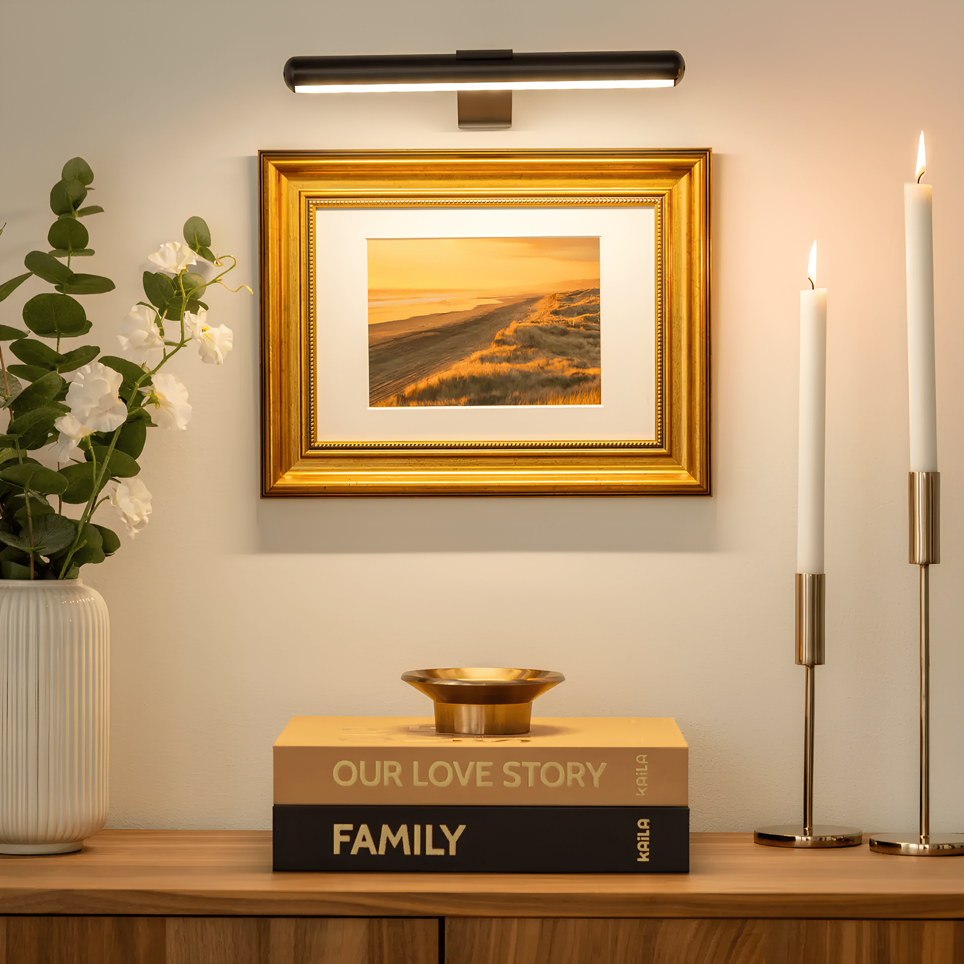 Wireless LED picture light featuring a sleek modern design, dimmable brightness, and a 360° rotating head, perfect for illuminating artwork and photographs; 0