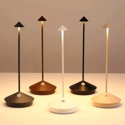 Wireless LED table lamp featuring adjustable dimmable brightness and a waterproof design, perfect for indoor and outdoor use, with a sleek modern appearance and cordless battery 0