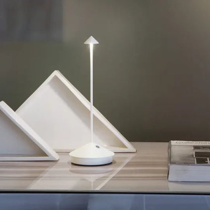 Wireless LED table lamp featuring adjustable dimmable brightness and a waterproof design, perfect for indoor and outdoor use, with a sleek modern appearance and cordless battery 5